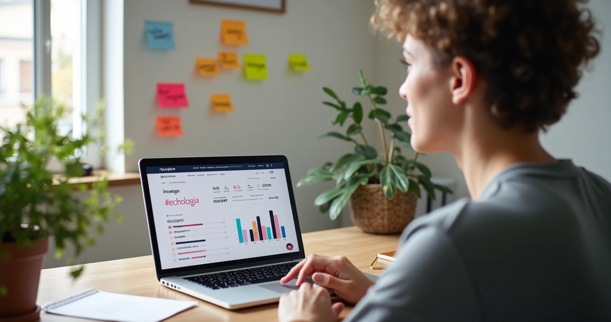 Jovem editando publicações de Instagram em tela de notebook com destaque para hashtags. 