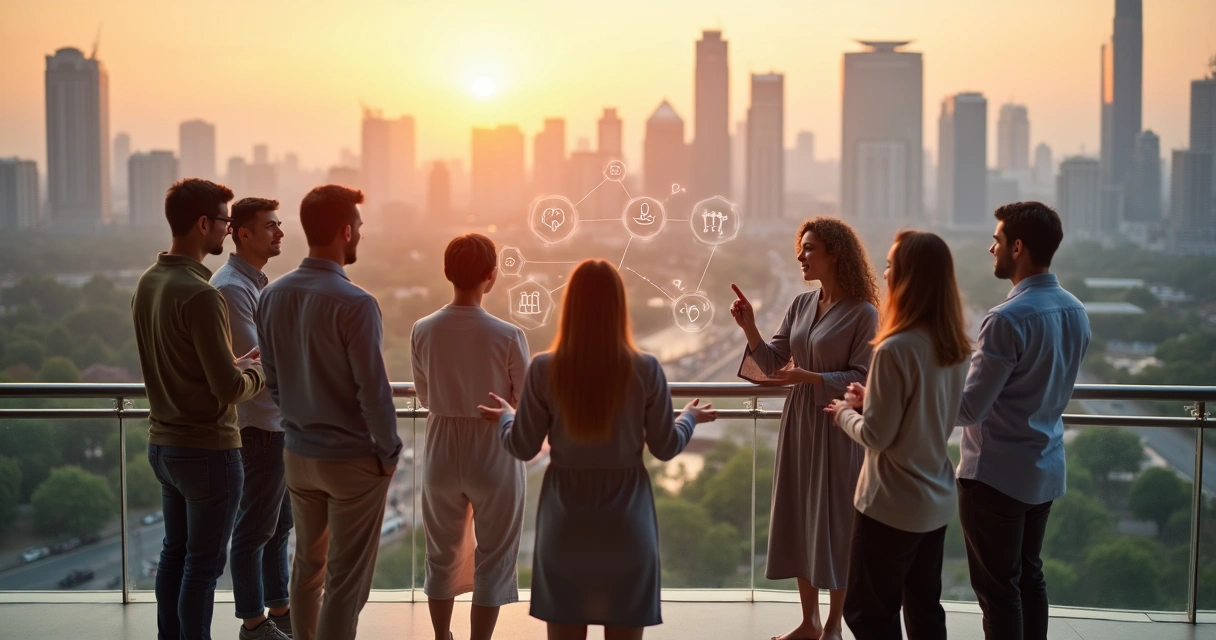 Grupo diverso de personas conectando valores humanos con impacto social en una ciudad moderna 