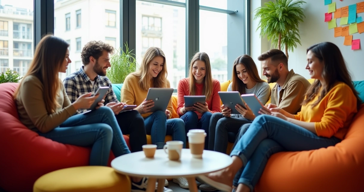 Grupo de personas jóvenes probando aplicaciones en tablets y móviles en una sala moderna 