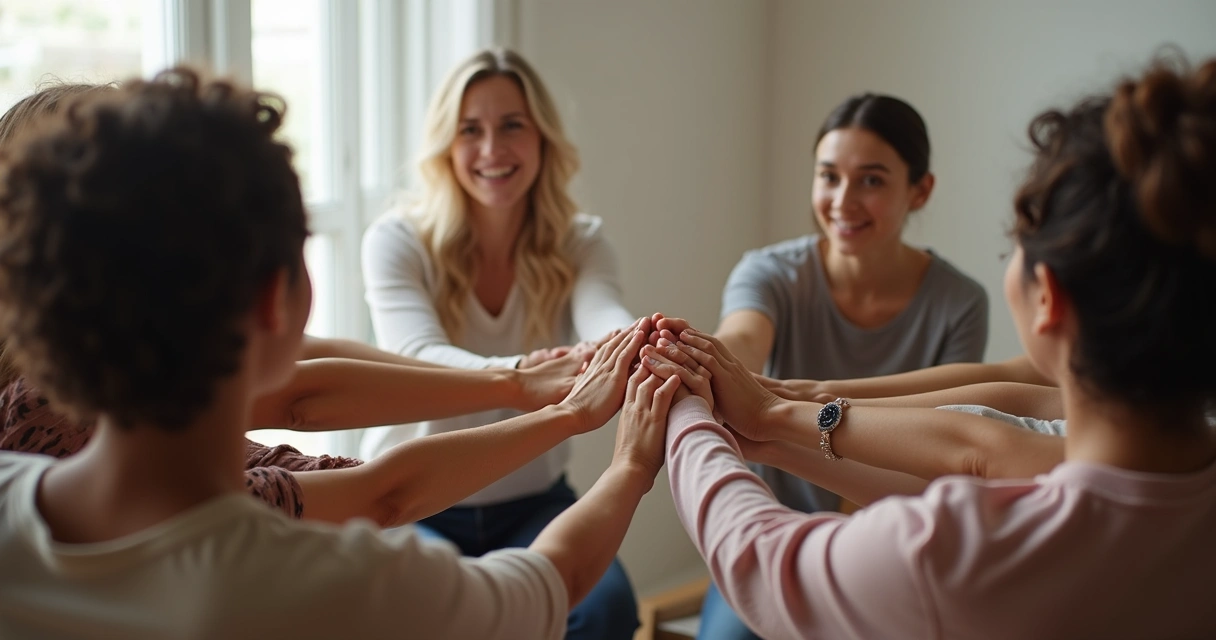 Varias personas sentadas en círculo tomando la mano de quien estaba fuera del grupo.