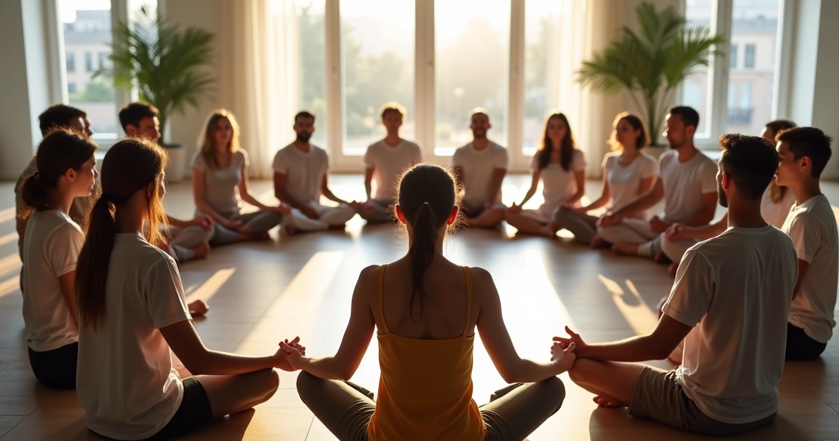 Grupo de personas sentadas en círculo con las manos unidas en actitud de colaboración 