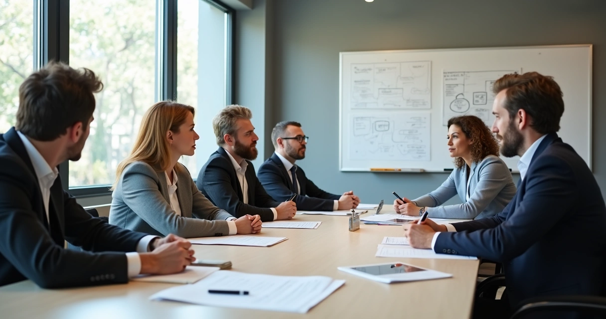 Grupo de personas en una reunión, observando lenguaje corporal variado en una mesa 