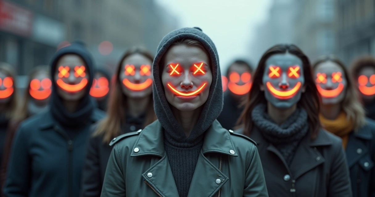 Personas usando máscaras felices en un entorno gris