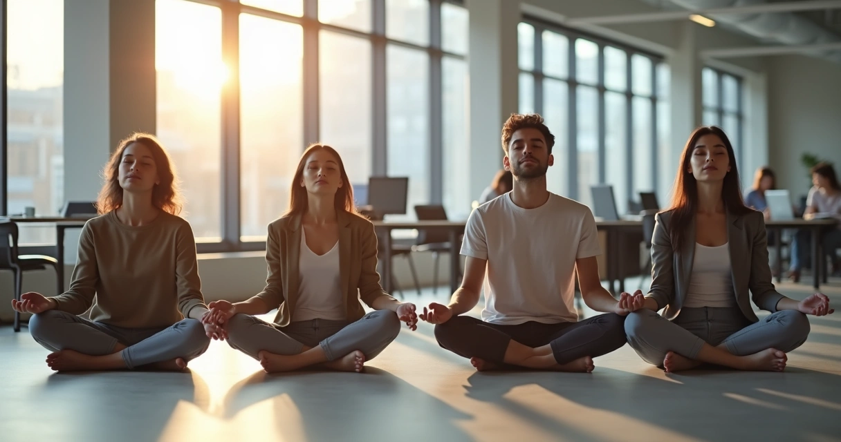 Grupo de personas meditando sentados en una oficina moderna 