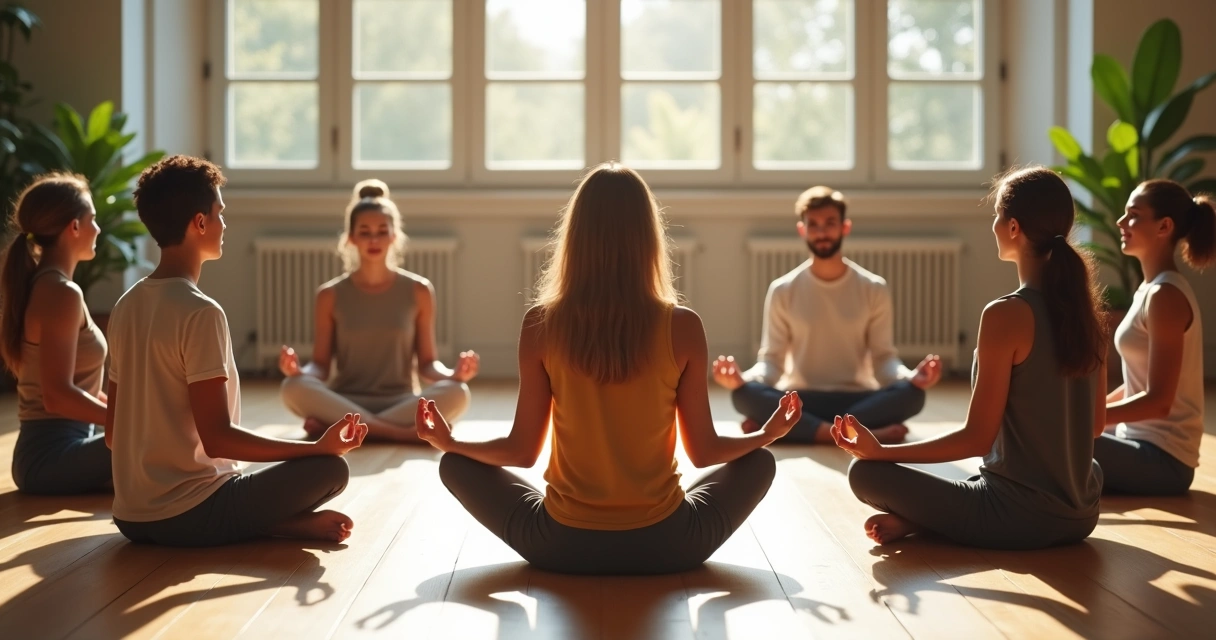 Varios adultos sentados en círculo meditando juntos en un espacio iluminado por luz natural 