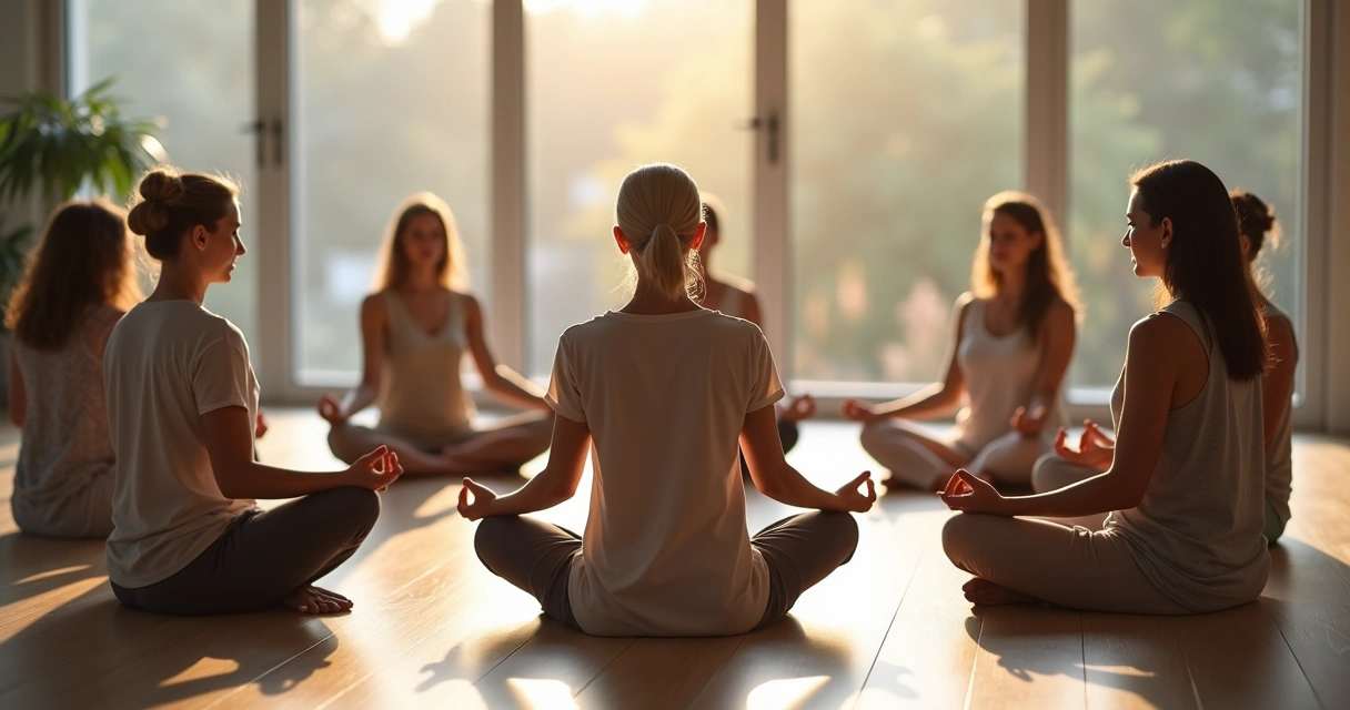 Grupo de personas sentadas meditando en círculo en un espacio iluminado 
