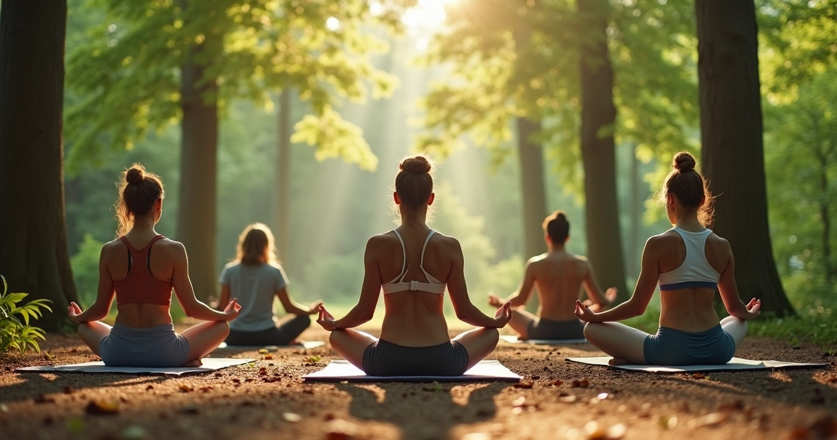 Varias personas sentadas meditan en la naturaleza bajo árboles altos 