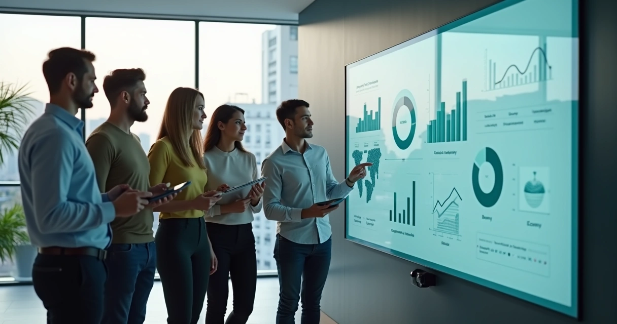 Grupo diverso observando panel digital con indicadores de impacto social 