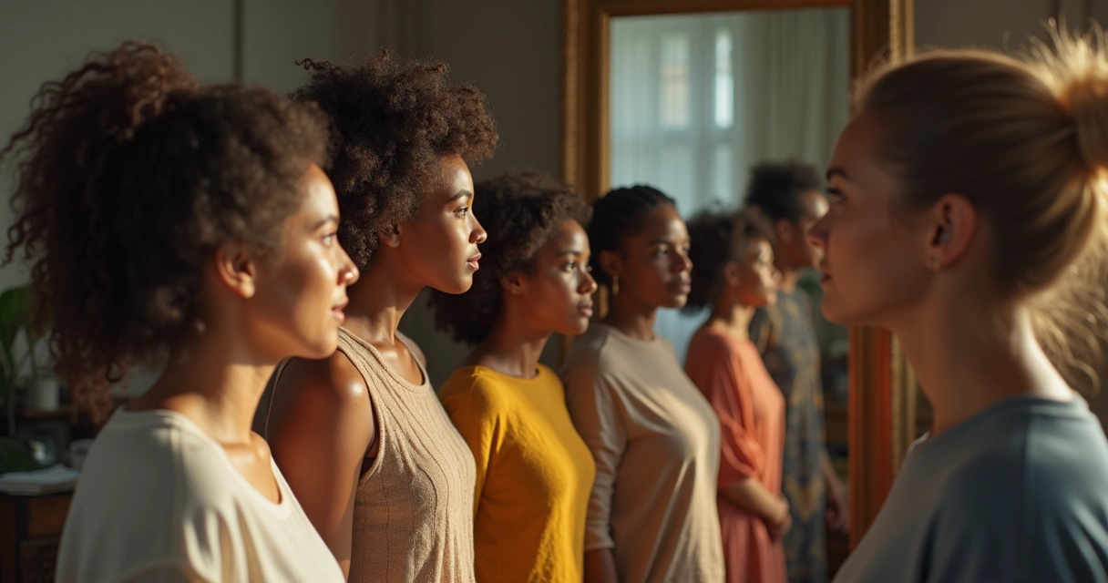 Grupo de personas mirándose en un espejo grande juntos 