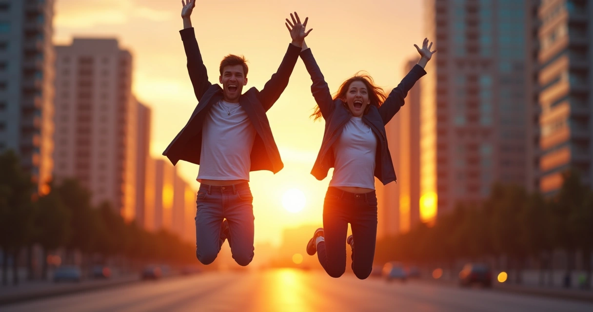 Dos personas motivadas temporalmente saltando en un paisaje urbano al atardecer 