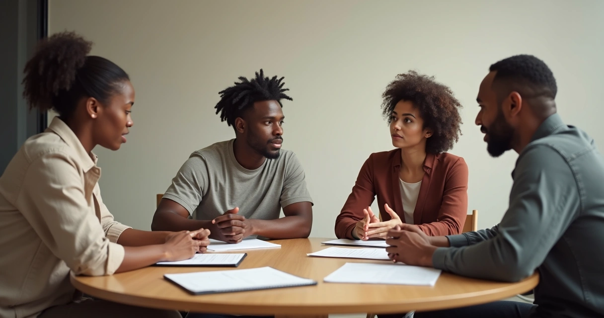 Cuatro personas conversando y negociando en una mesa redonda de madera clara 