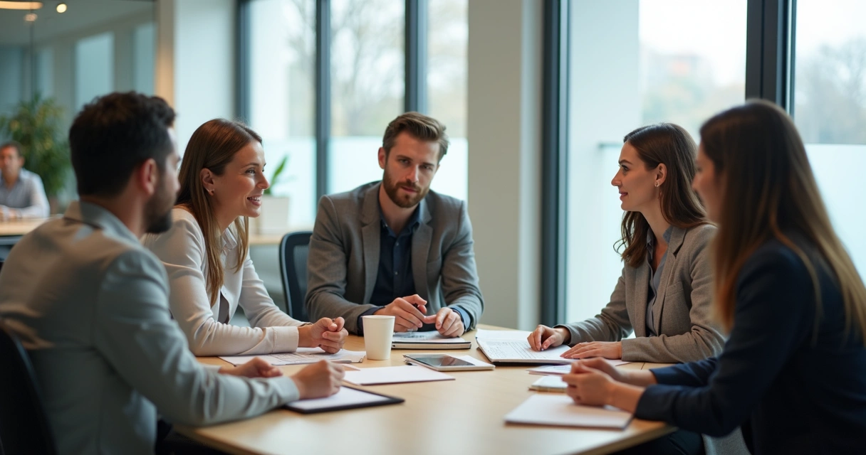 Personas reunidas en una oficina prestando atención y mostrando interés en la conversación