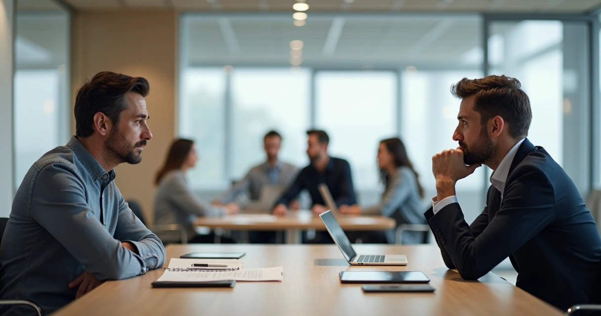 Dos personas con opiniones opuestas, sentadas una frente a otra en una sala de reuniones. 