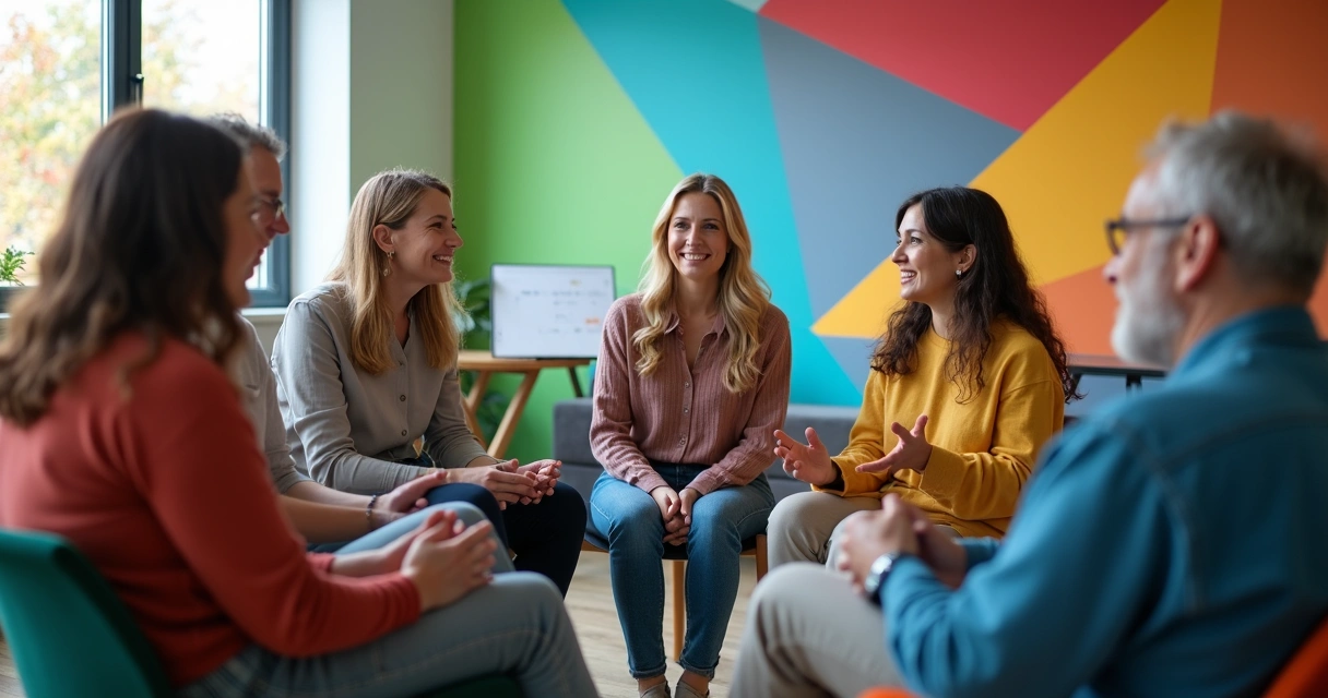 Grupo de personas conversando frente a una pared de colores