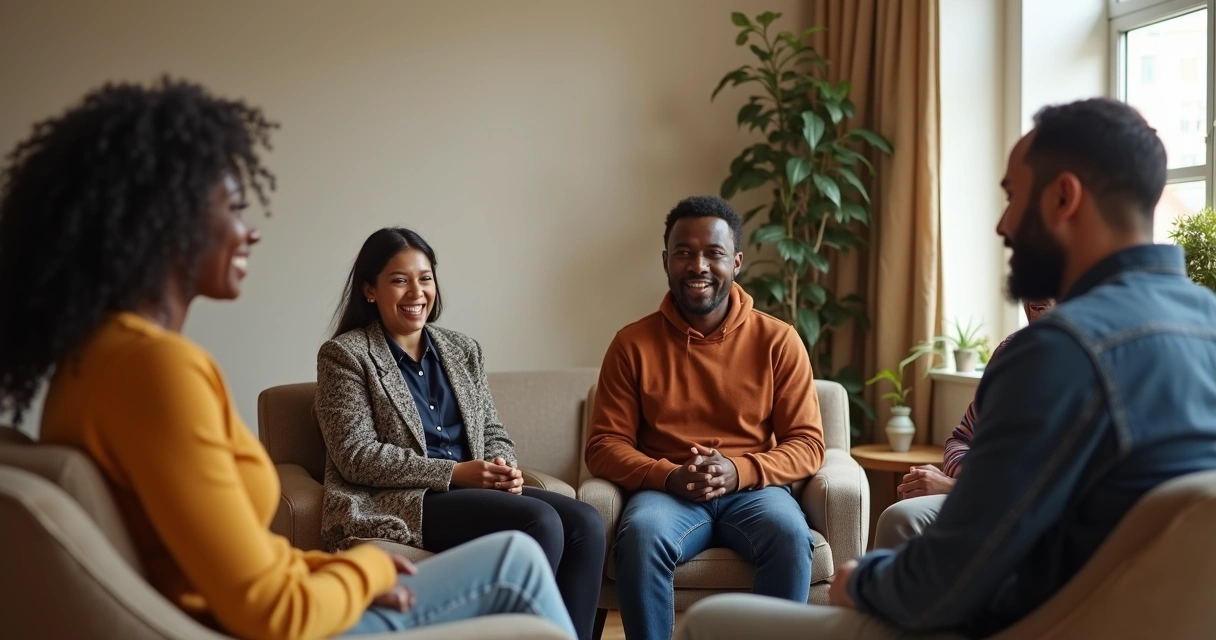 Personas sentadas en círculo conversando con atención y serenidad 