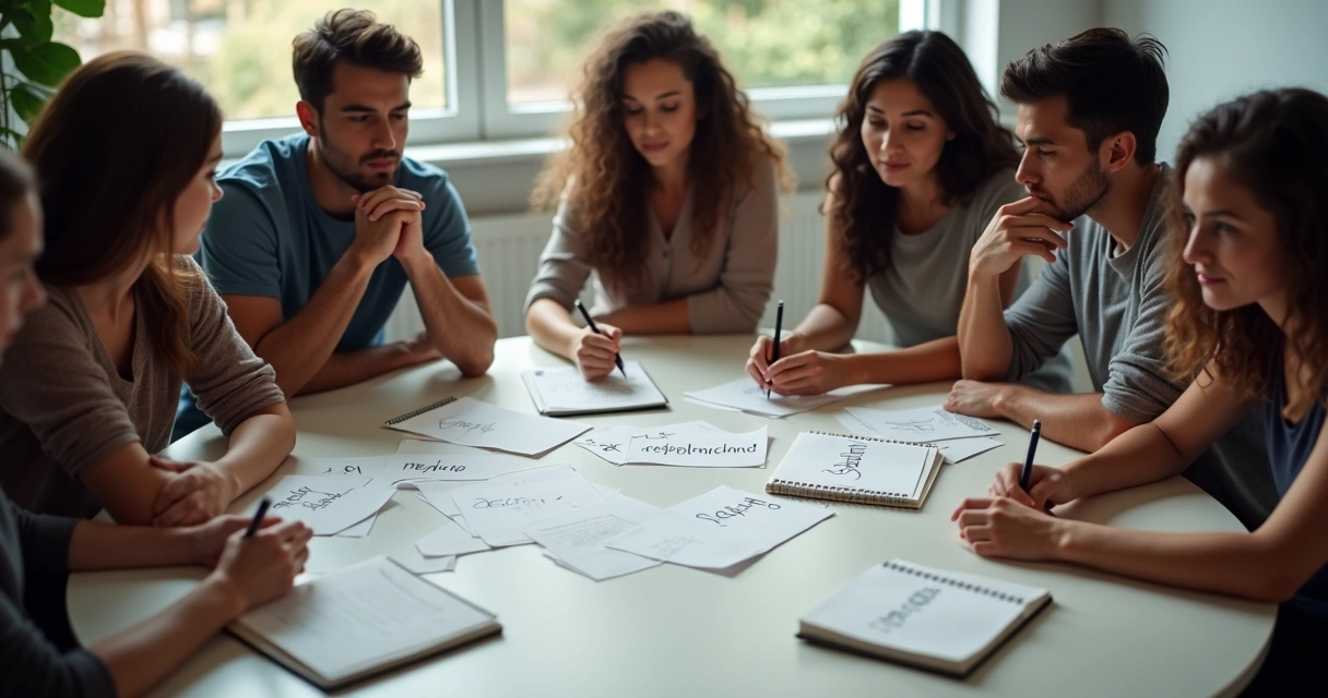 Grupo sentado, cada persona pensativa evaluando opciones internas 