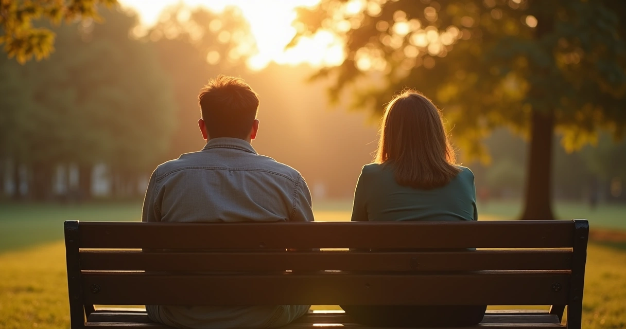 Dos personas sentadas en un banco mirando al horizonte, pensativos