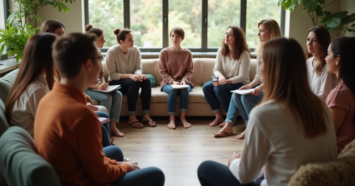 Grupo de personas sentadas en círculo reflexionando y compartiendo emociones 