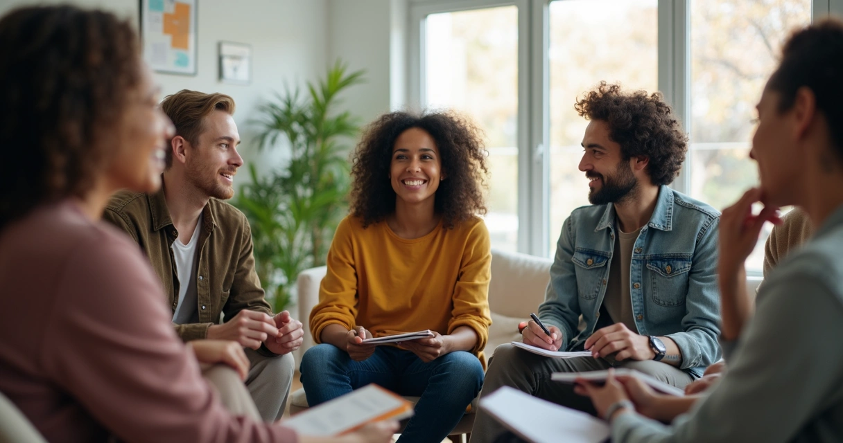 Varias personas sentadas en círculo, reflexionando juntas en un espacio luminoso
