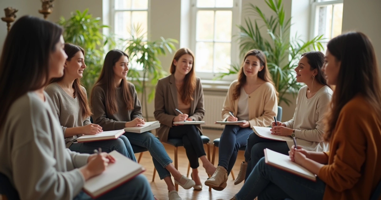 Grupo de personas en círculo, reflexionando en un ambiente tranquilo