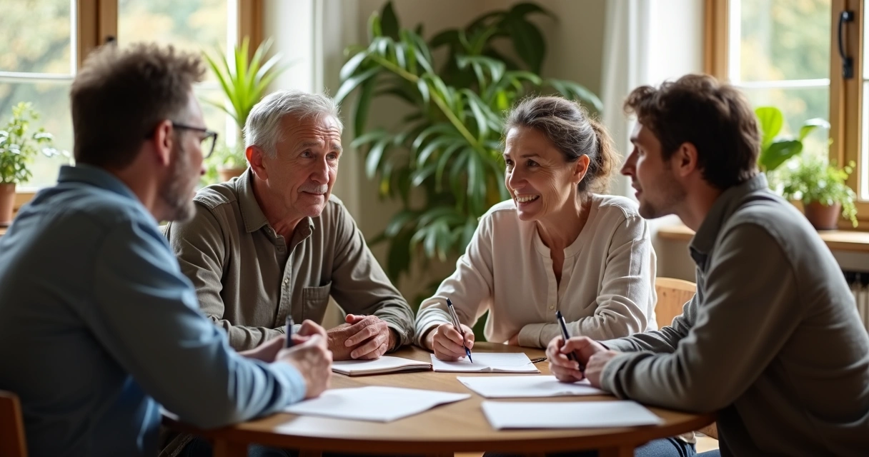 Grupo de personas sentadas en una mesa, reflexionando y conversando 