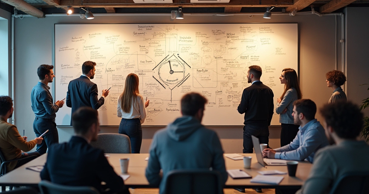 Personas reflexionando juntas frente a una pizarra llena de conceptos escritos