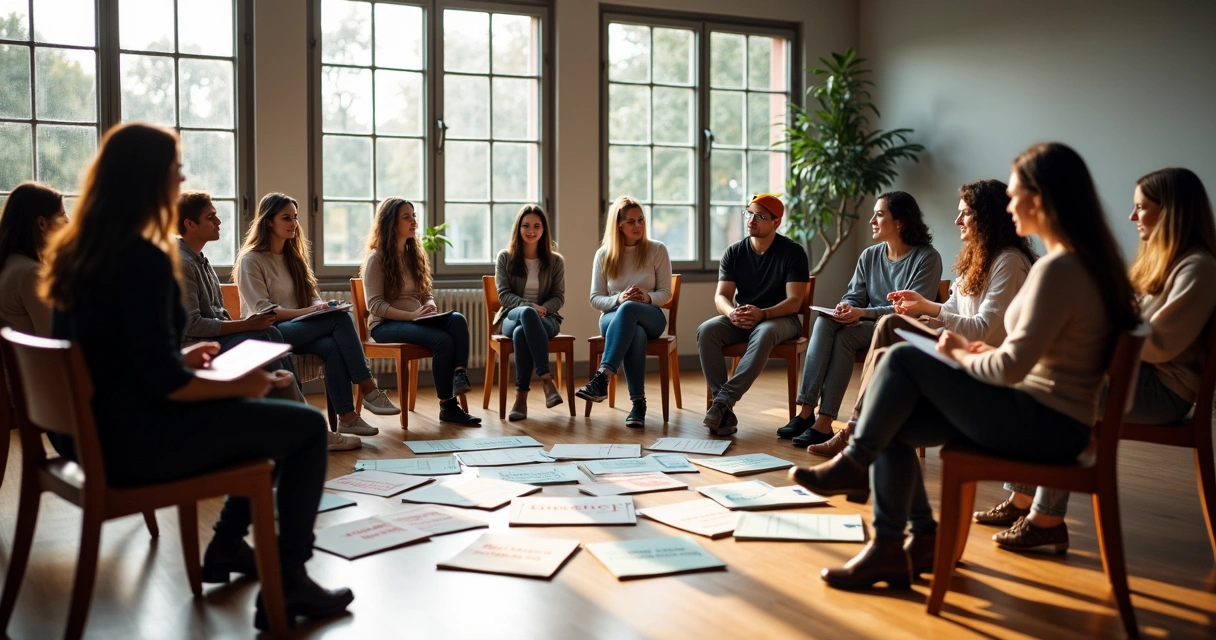 Grupo diverso reflexiona sobre valores humanos en círculo 