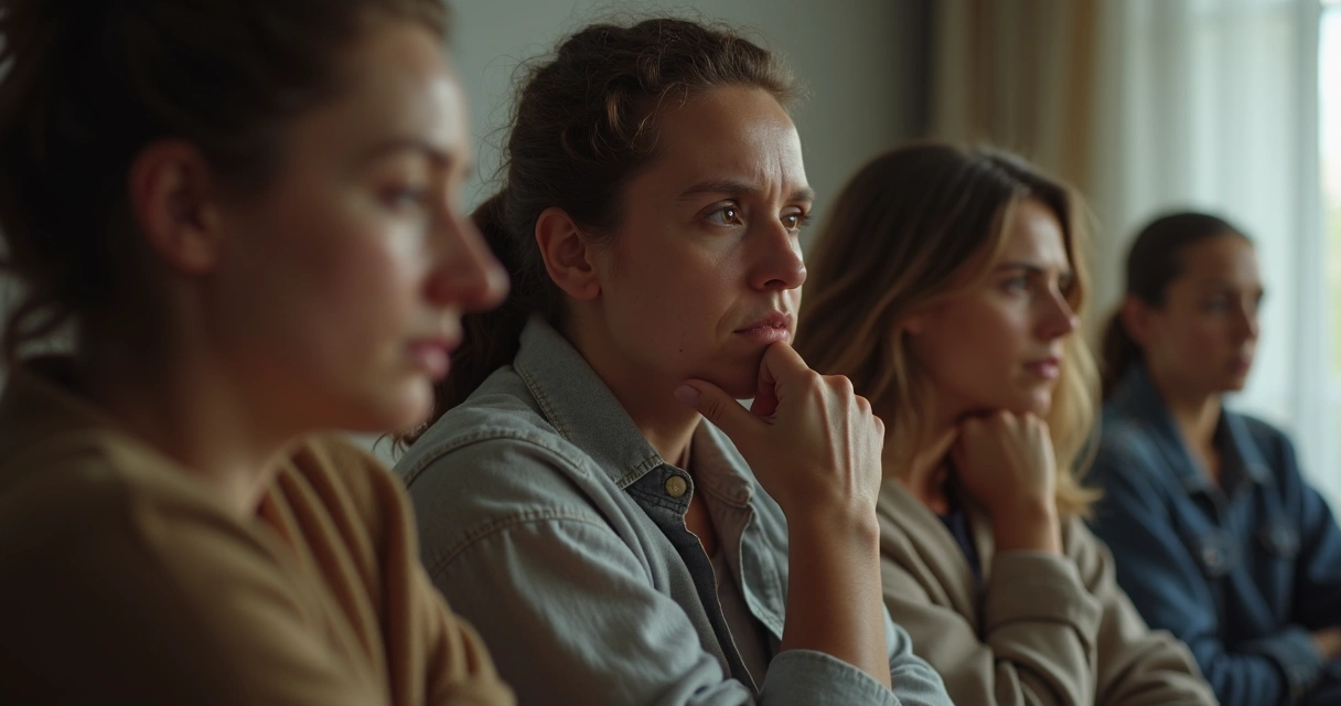 Tres personas sentadas reflexionando con gestos de introspección