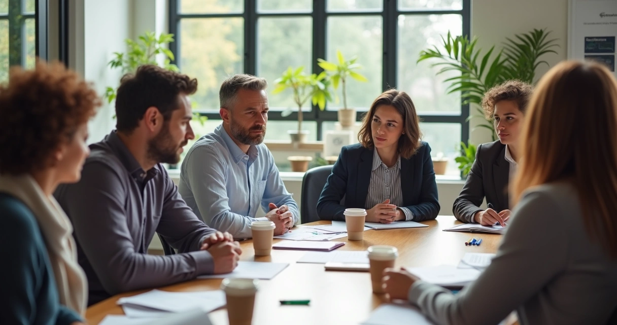 Grupo de personas en una mesa de trabajo, todos atentos y participando activamente en una reunión