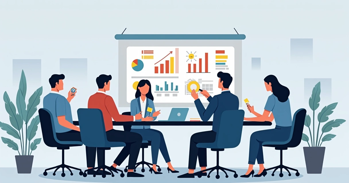 Personas en una reunión discutiendo bonificaciones y metas 