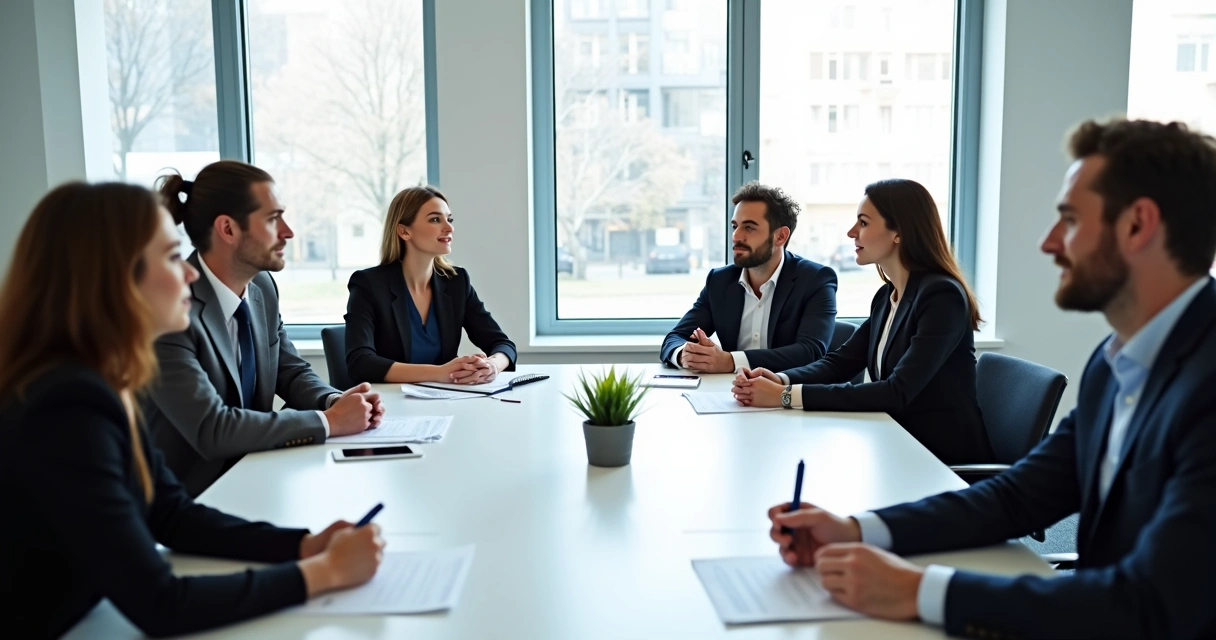 Profesionales sentados en círculo en una sala de reuniones, atentos, con expresión serena y sin dispositivos 