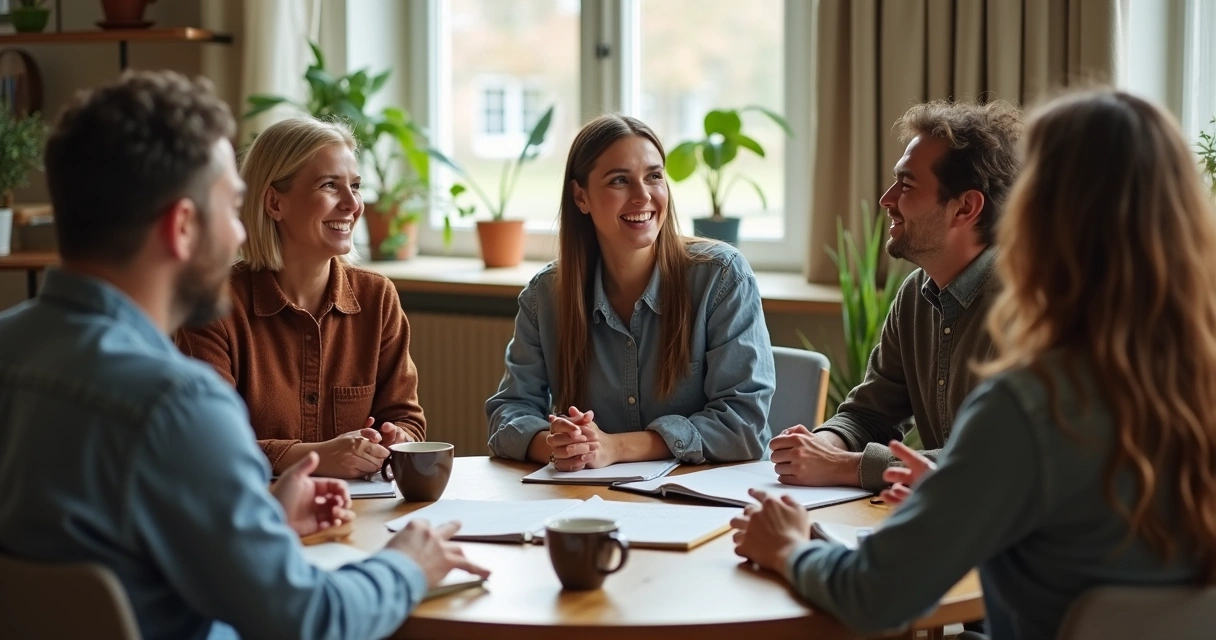 Personas sentadas en círculo compartiendo ideas después de una reunión 