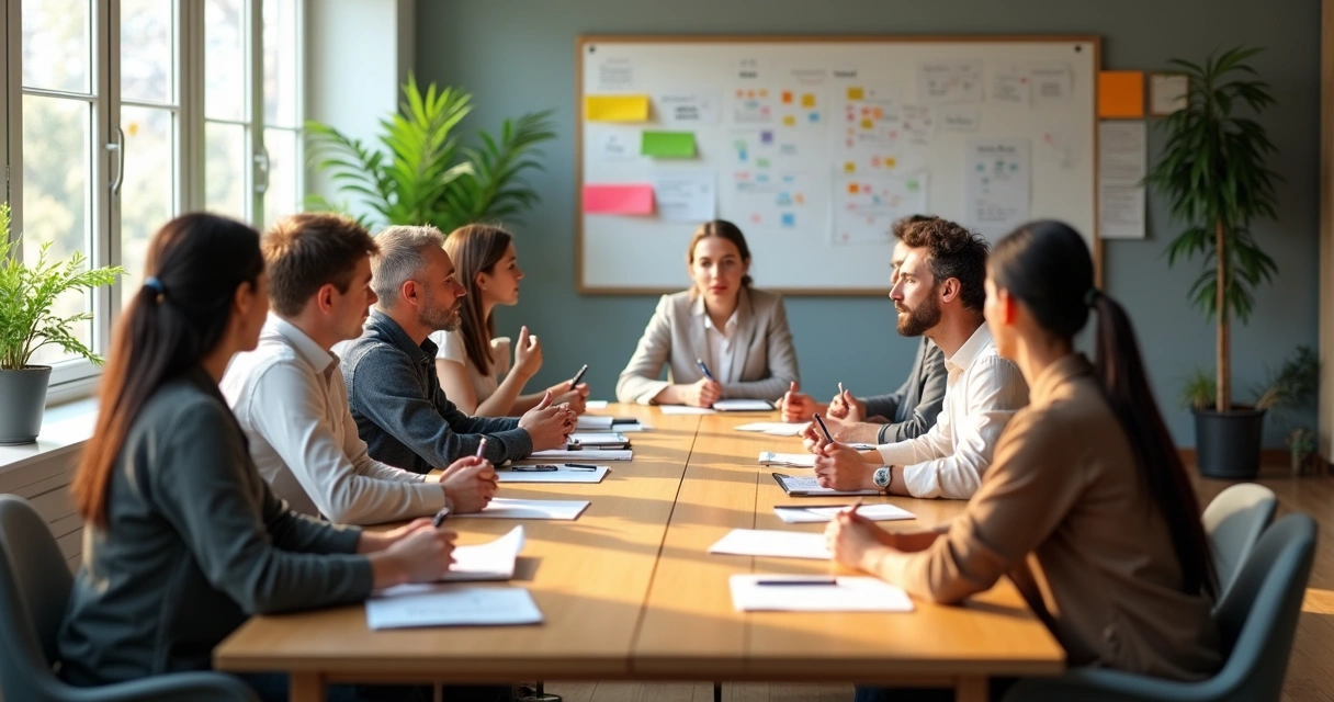 Personas sentadas alrededor de una mesa larga en una reunión colectiva. 