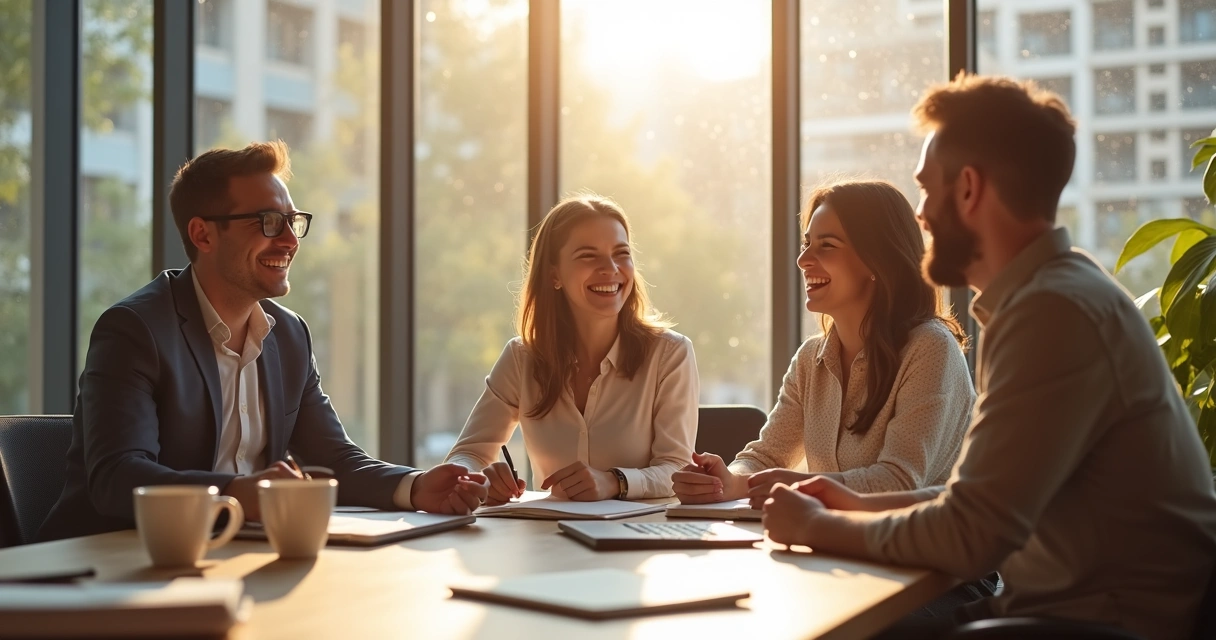 Personas sonrientes en una oficina con luz natural 