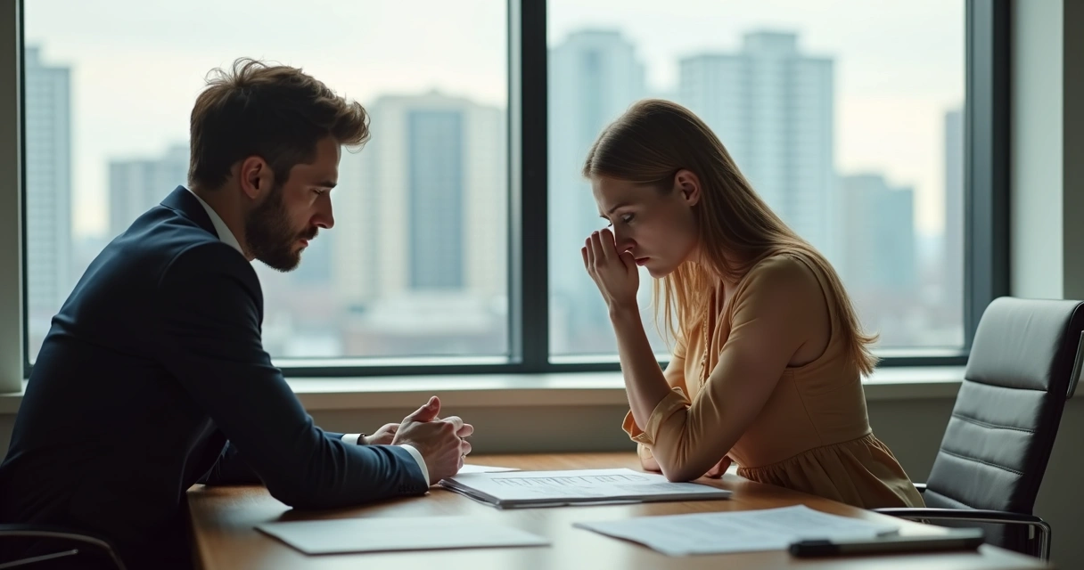 Dos personas sentadas en una oficina con expresiones de tensión mirando documentos