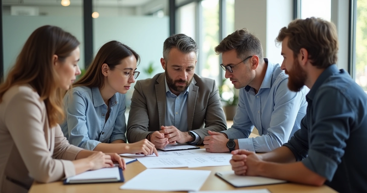 Grupo de personas debatiendo juntos sobre una decisión alrededor de una mesa 