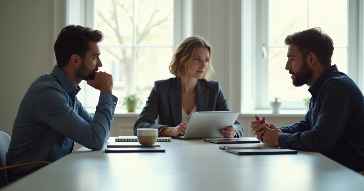 Tres personas debatiendo sentadas alrededor de una mesa, en ambiente luminoso 