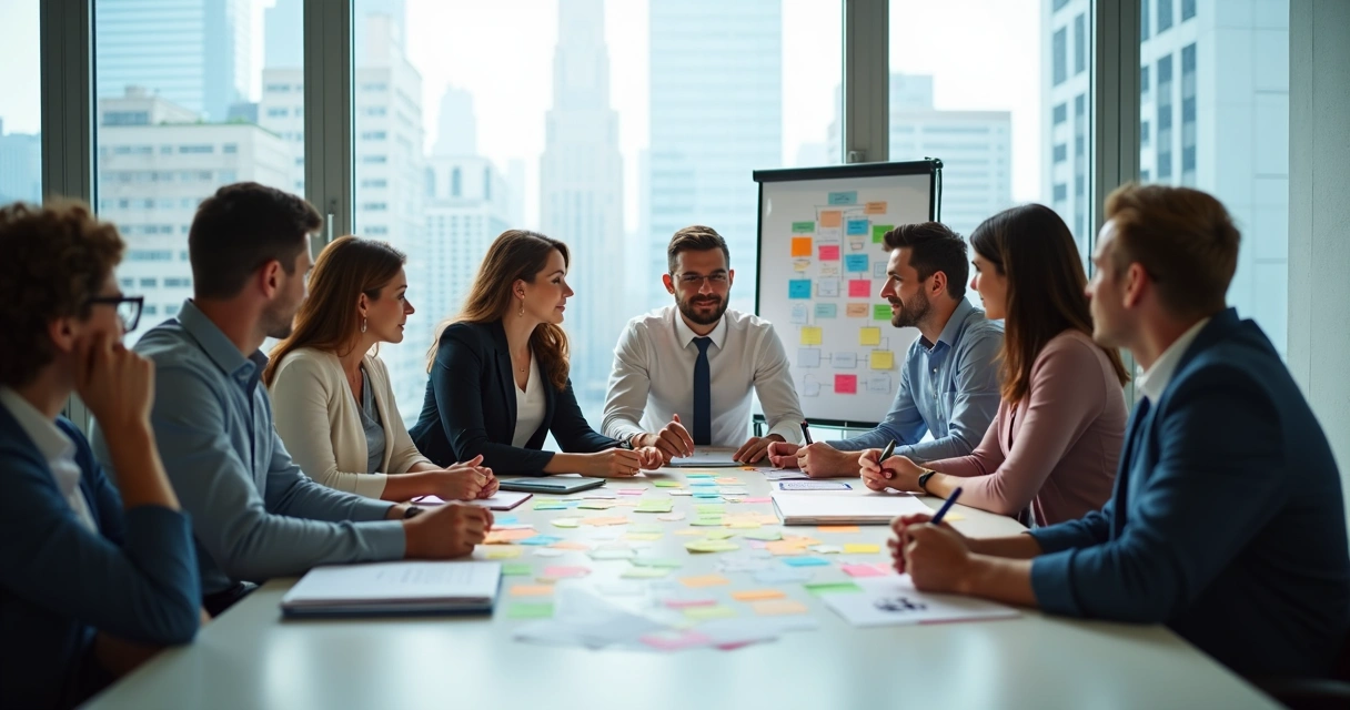 Equipo de trabajo analizando gráficos de cambio organizacional 