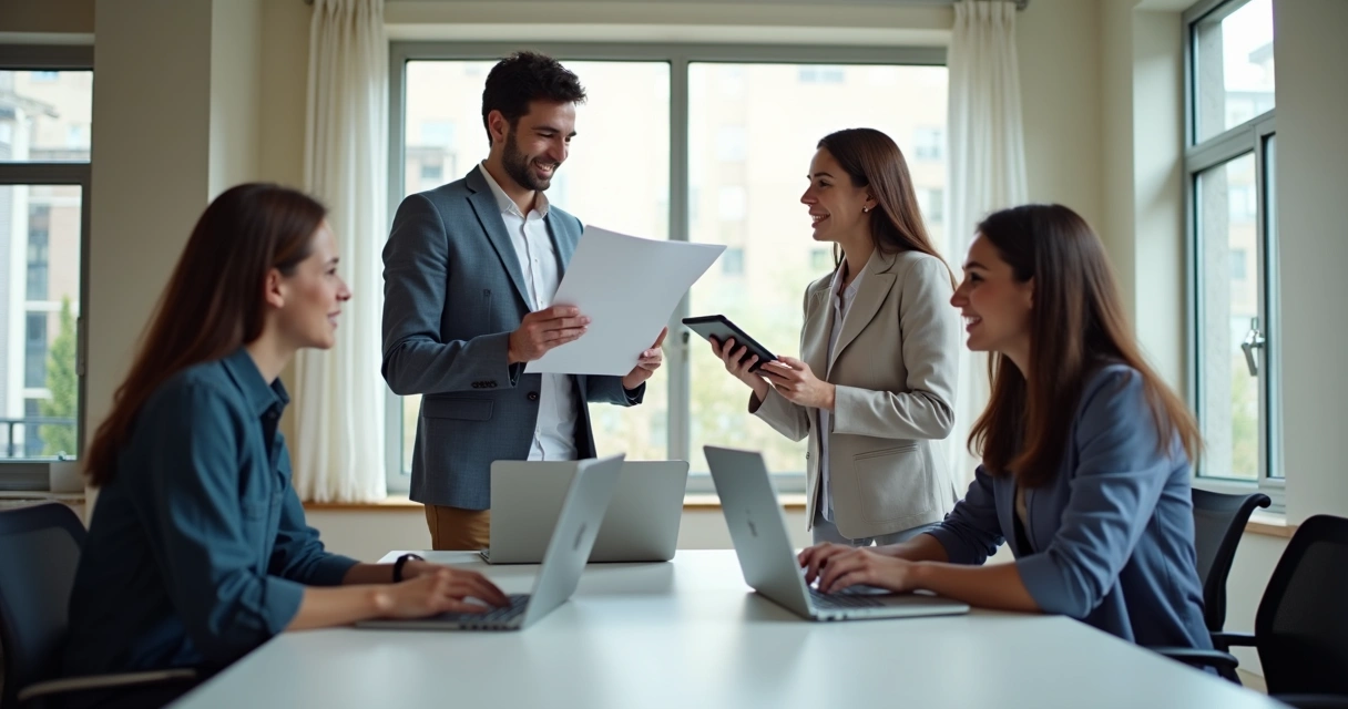 Personas cooperando en equipo en una mesa de trabajo 