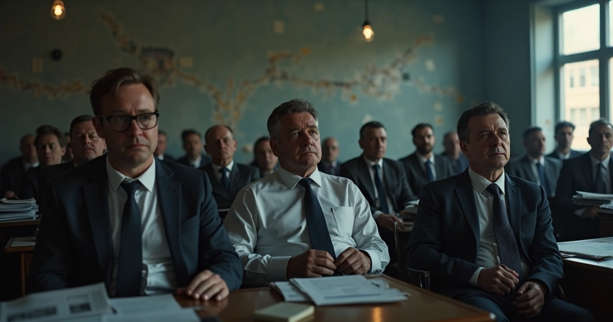 Grupo de personas con expresiones serias, sentados en una sala, ambiente sombrío relacionado con crisis económica