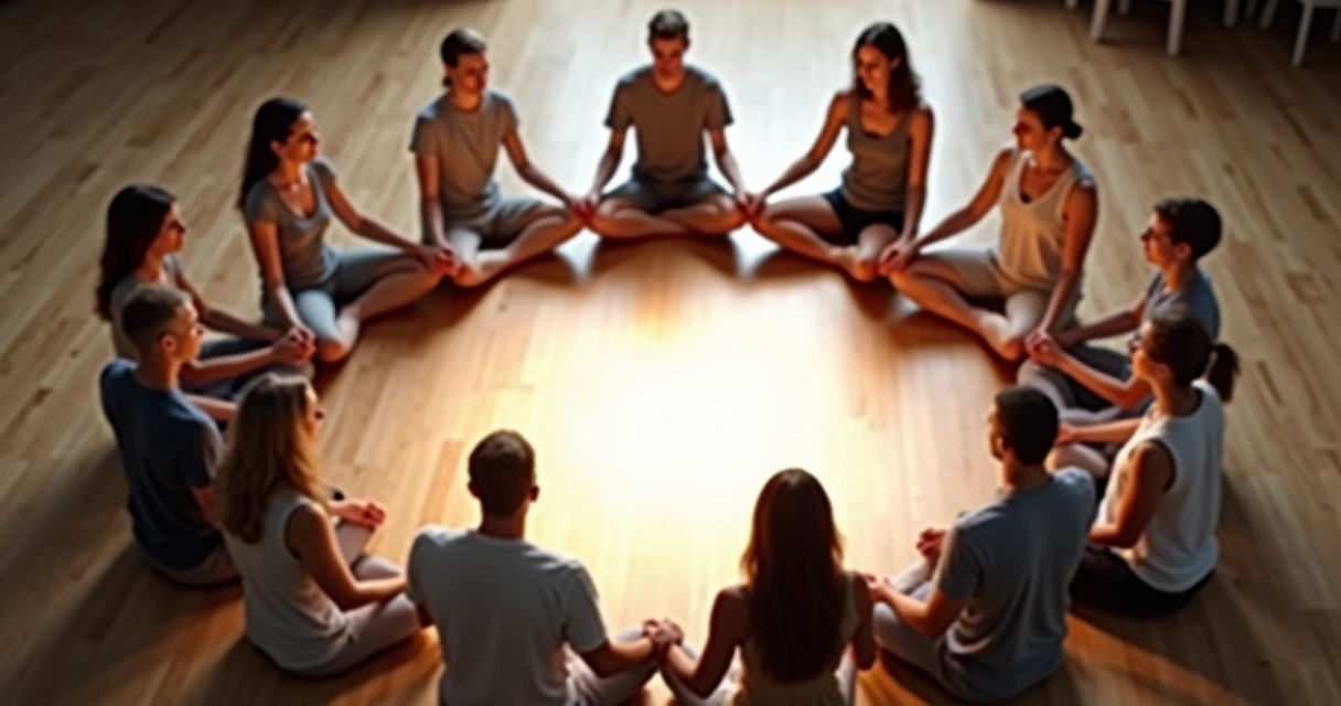 Grupo de personas unidas sentadas en círculo con luz suave