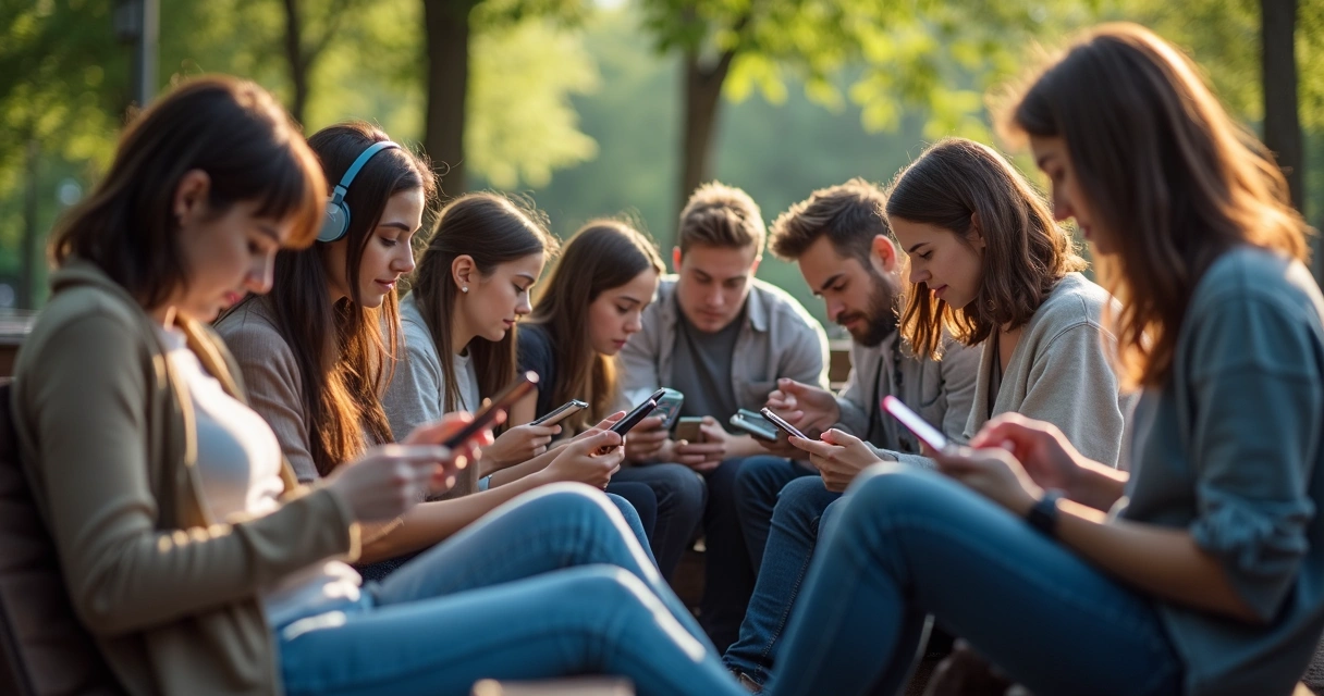 Personas sentadas en un parque usando diferentes dispositivos electrónicos 