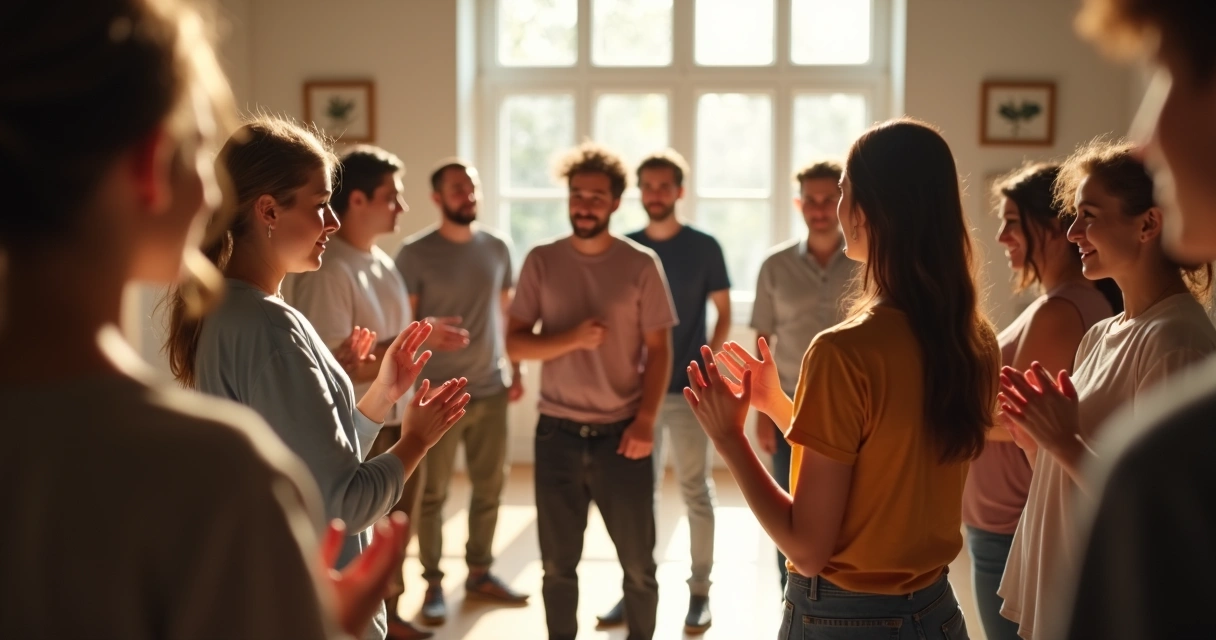 Grupo diverso realizando actividad colectiva para recuperar energías. 