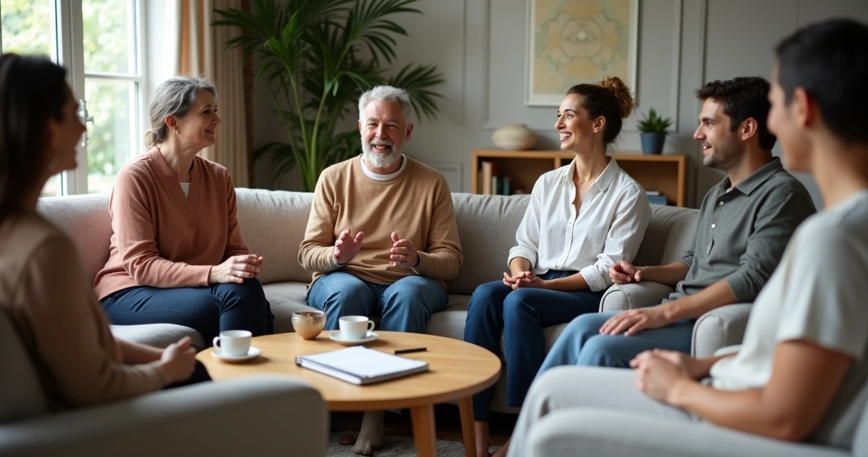 Grupo diverso de personas sentadas en círculo compartiendo una conversación cercana 
