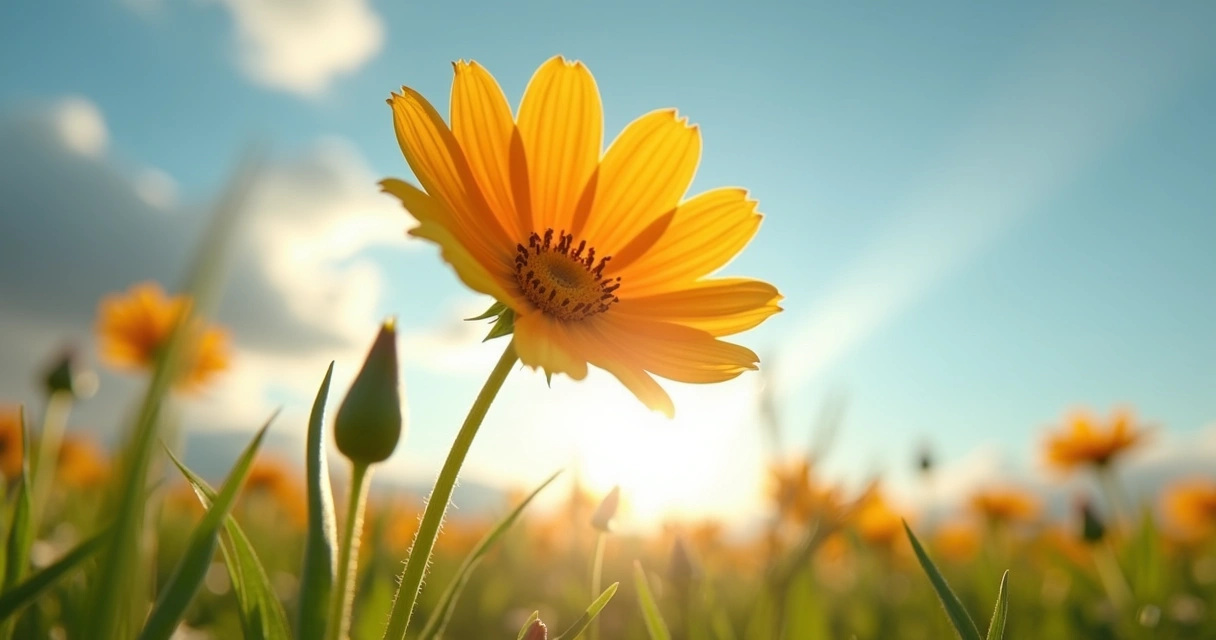 Flor vista de baixo contra o céu azul 