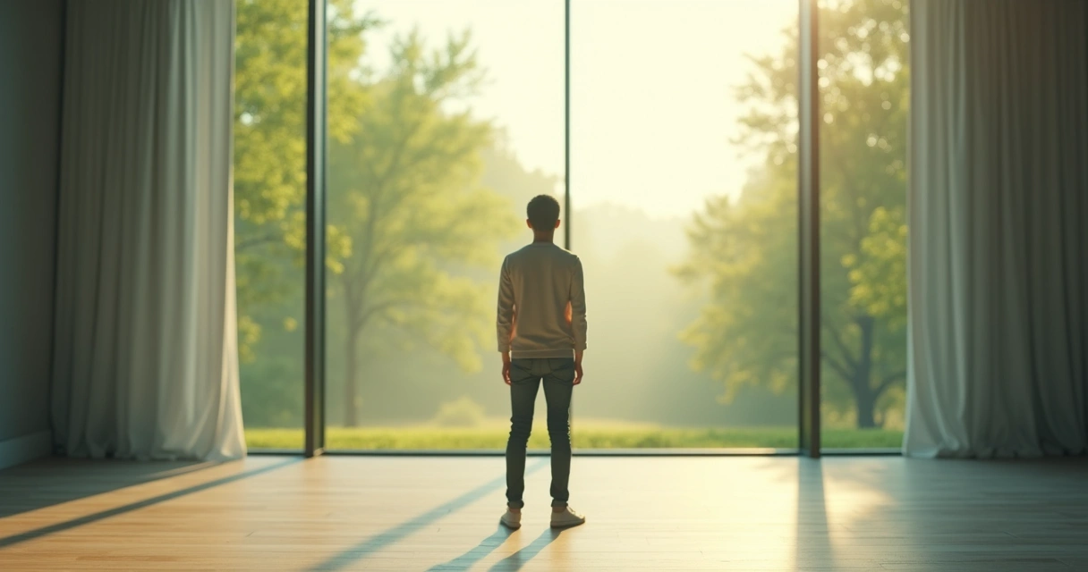 Pessoa olhando paisagem ampla e tranquila de uma janela 