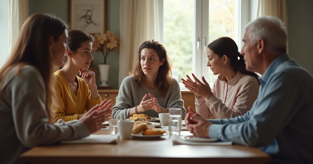 Membros de família em mesa, cada um expressando sua opinião com respeito