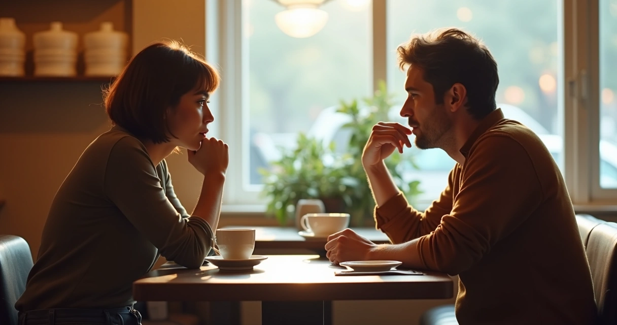 Two people sitting at a coffee table, each seeing a different object between them, illustrating different perspectives 