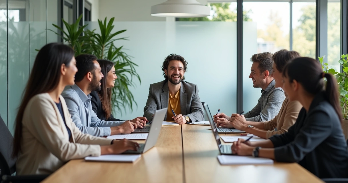 Equipe em reunião com uma pessoa integrada e outra isolada na empresa 