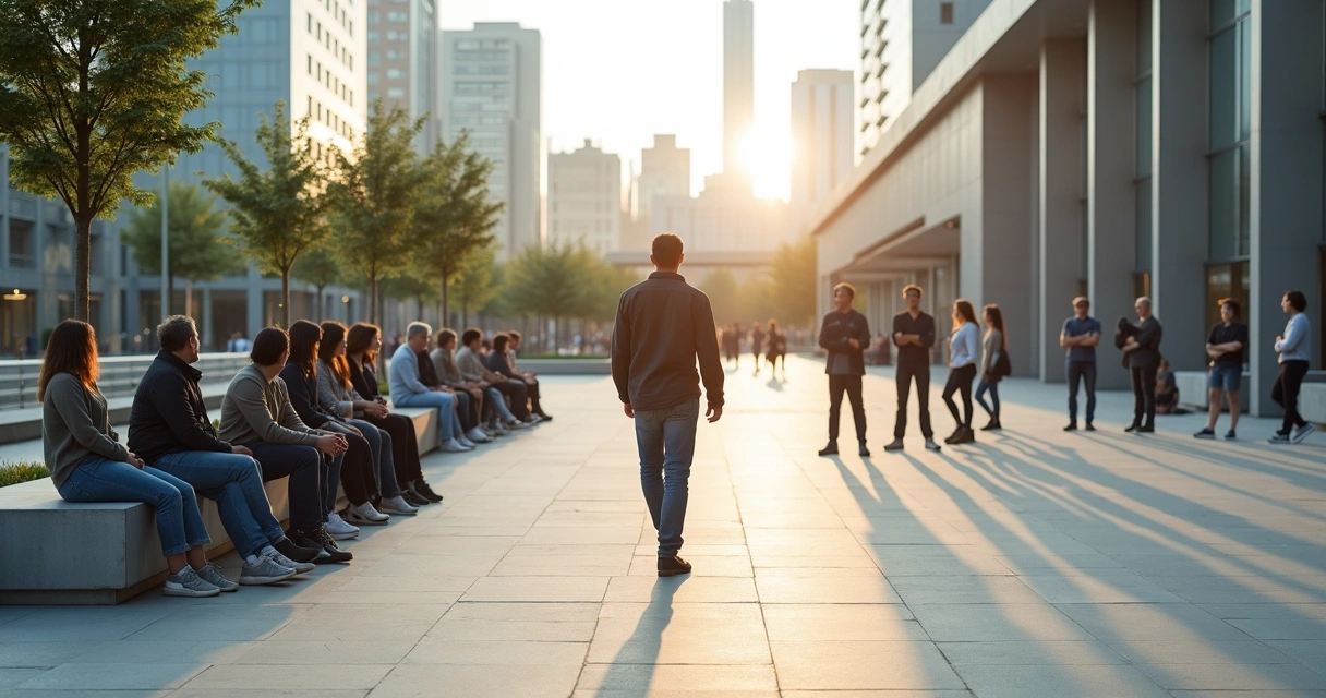 Pessoa caminhando entre dois grupos em praça urbana simbolizando pertencimento e adaptação 